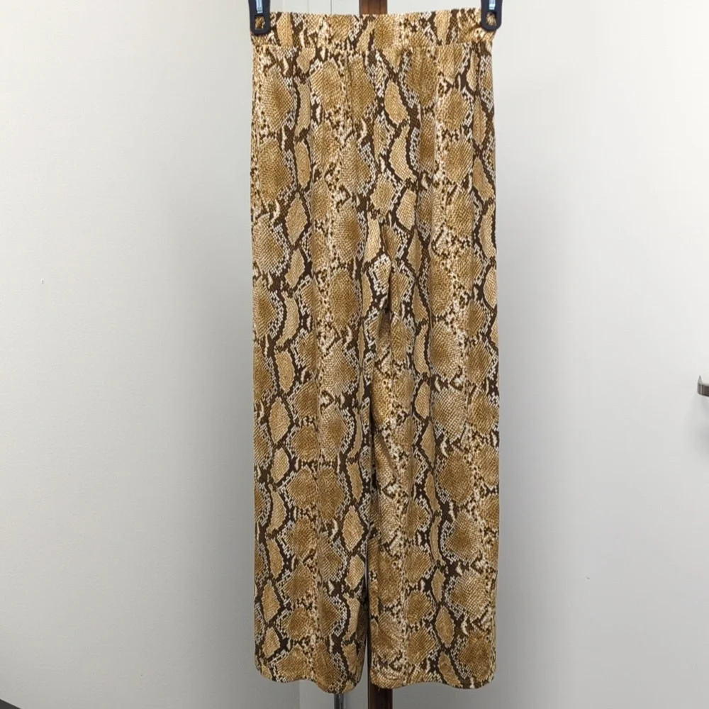 🌻 H&M Pull On Brown Snakeskin Print Elastic Waist Wide Leg Jersey Pants XS - Picture 5 of 7